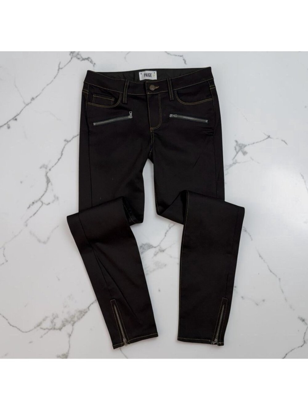 Paige Indio Ankle Zipper Hem Jeans Size 27 Skinny Black Low Rise Moto Bikercore